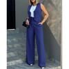 2 Pcs/Set Women Waistcoat Pants Set Formal Business Style Sleeveless Single-breasted Top High Waist Wide Leg Solid Color Trousers OL Commute Outfit