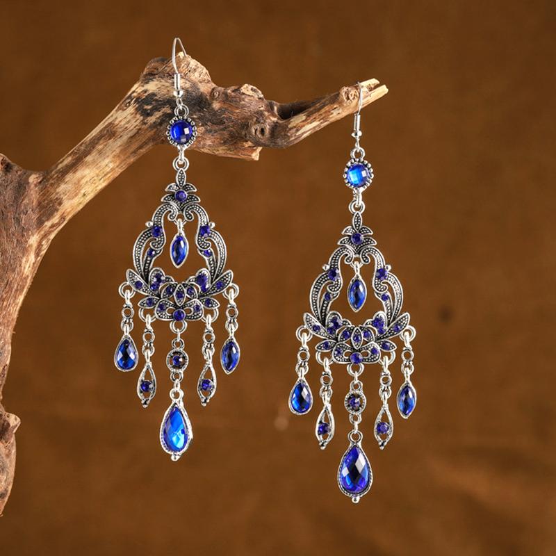 Vintage Ethnic Rhinestone Long Earrings Light Luxury Texture Flower Shaped Water Drop Earrings for Women Retro Jewelry Gift