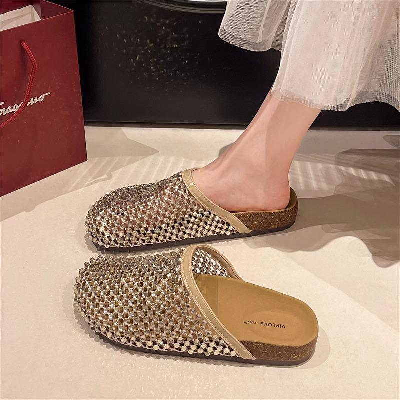 Rhinestone Mesh Bag Head Half Slippers Women's 2025 Summer New Fashion Versatile Lazy Office One Foot Cool Slippers