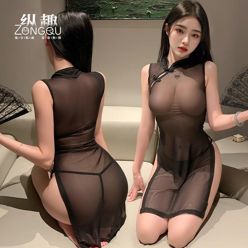 Sexy Underwear Sexy Disc Buckle Mesh Perspective Cheongsam Hot Temptation Pajamas Free Split Uniform 6779