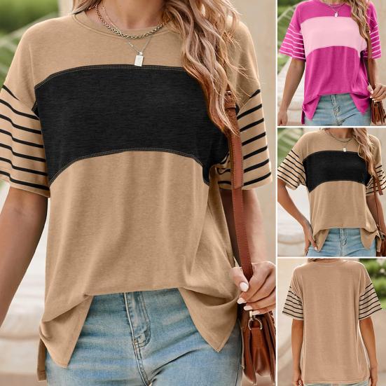 Women T-shirt Round Neck Short Sleeve Color Block Tee Shirt Loose Fit