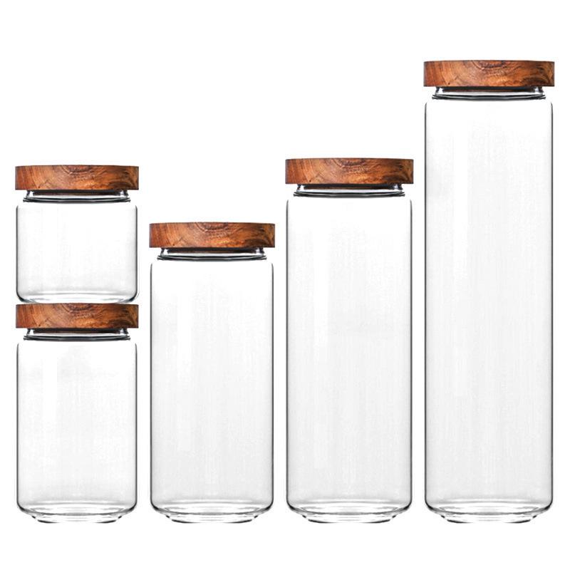 Transparent Glass Storage Jar with Acacia Wood Lid for Coffee Beans and Food Grains