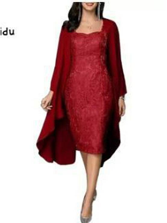 Fustă Midi Comuter din Dantelă Șifon & Rochie Slim Set Două Piese