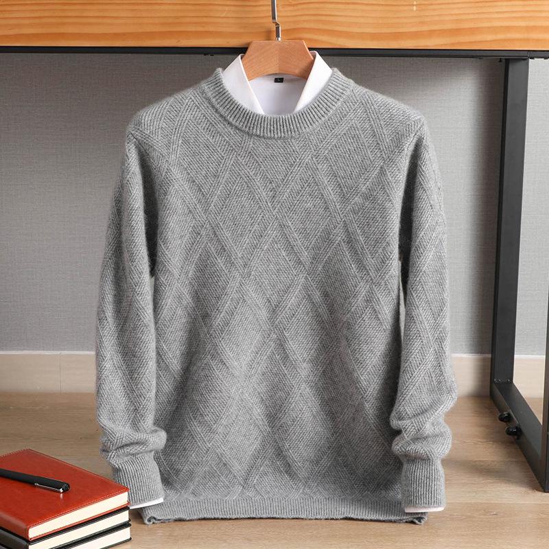 Men's Autumn/Winter Wool Jacquard Sweater, Hong Kong Style, Long Sleeve, Casual Korean Crew Neck, Plus Size Youth Pullover