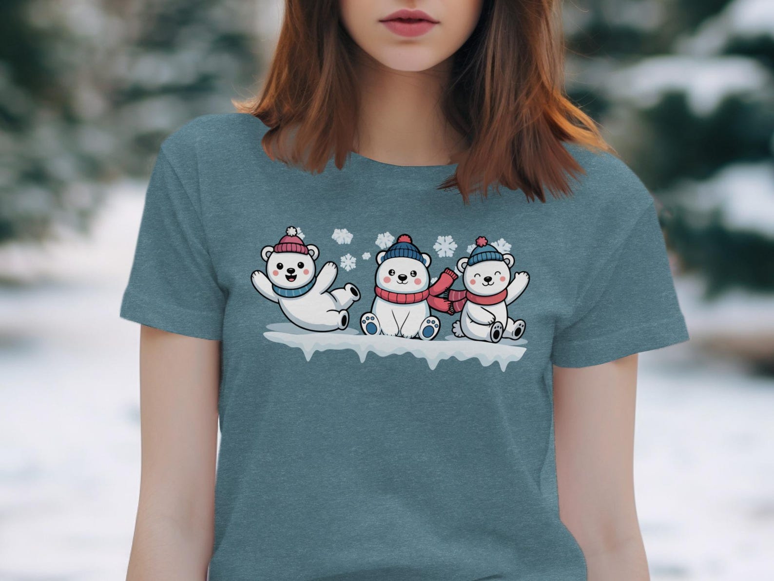 Polar Bear Christmas T-Shirt, Winter Animals Apparel, Festive Snow T-Shirt XL