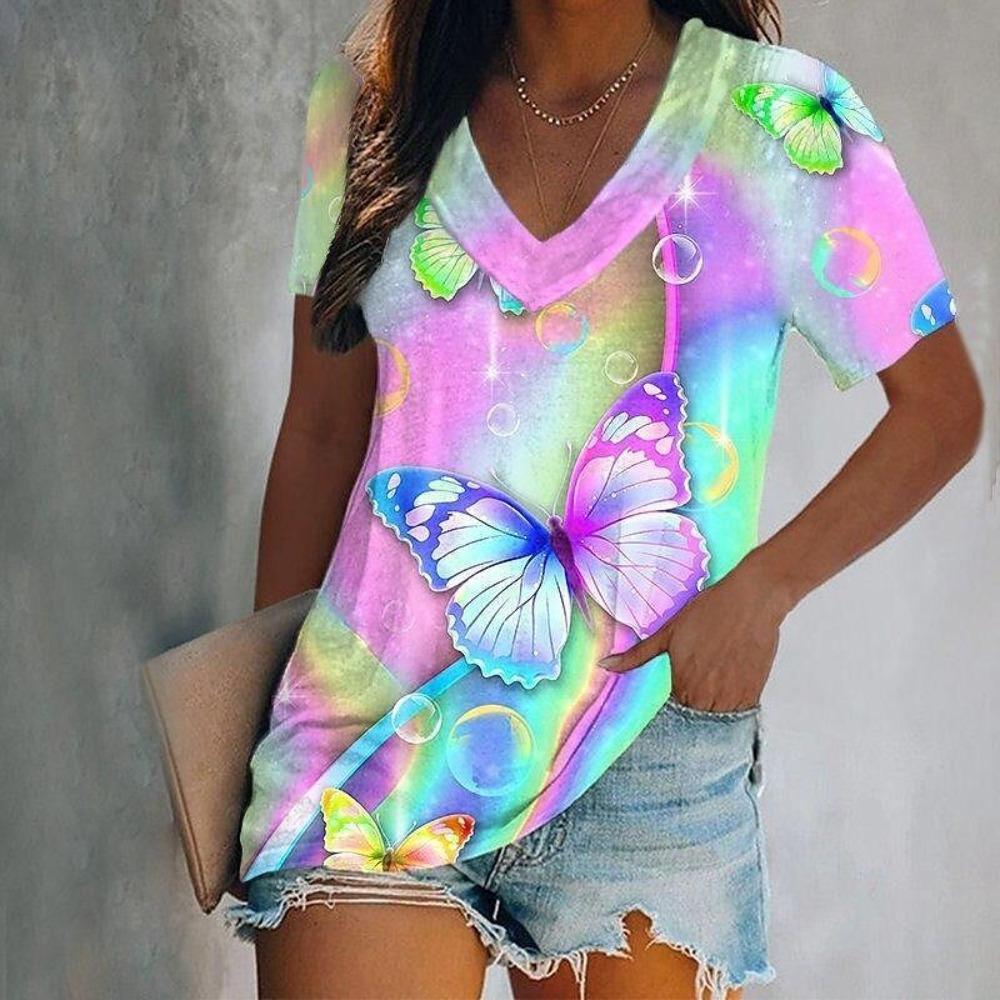 Summer new women's T-shirt 3d gorgeous butterfly print V-neck short-sleeved shirt fashion women's T-shirt