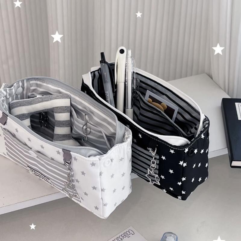 Korean Star Striped Print Large Pencil Case Multi-Layer High Capacity Stationery Pouch for Student School Desktop Storage