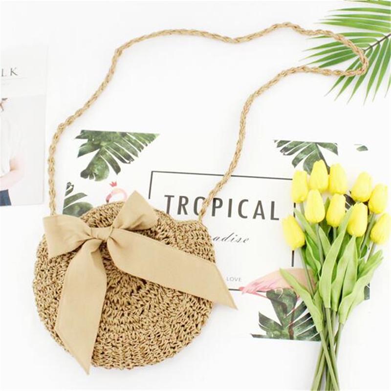 Sommer Stroh Strandtasche Schleife Damen Umhängetaschen Runde Taschen mit Schleife