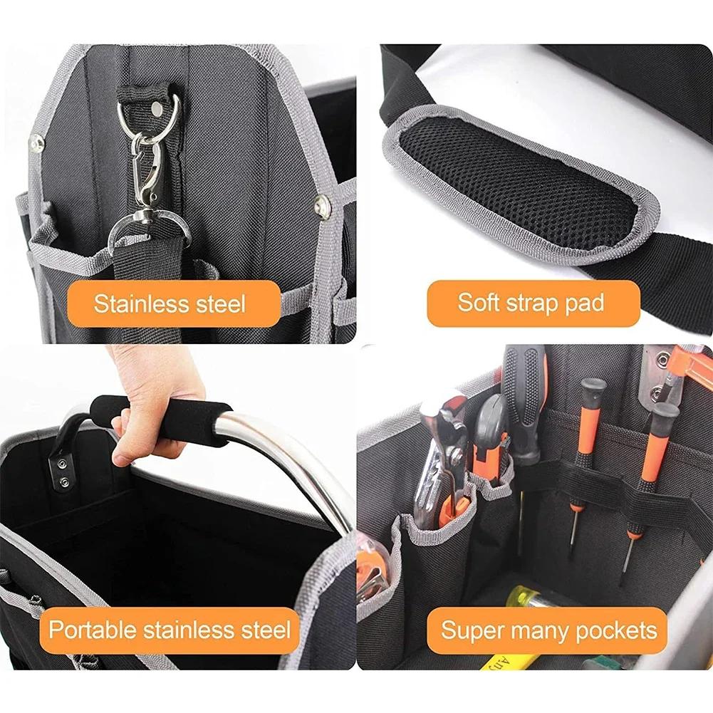 Open Top Tool Tote Large Capacity Tool Organizer Adjustable Shoulder Strap Anti-slip Rubber Pad Foam-padded Handle