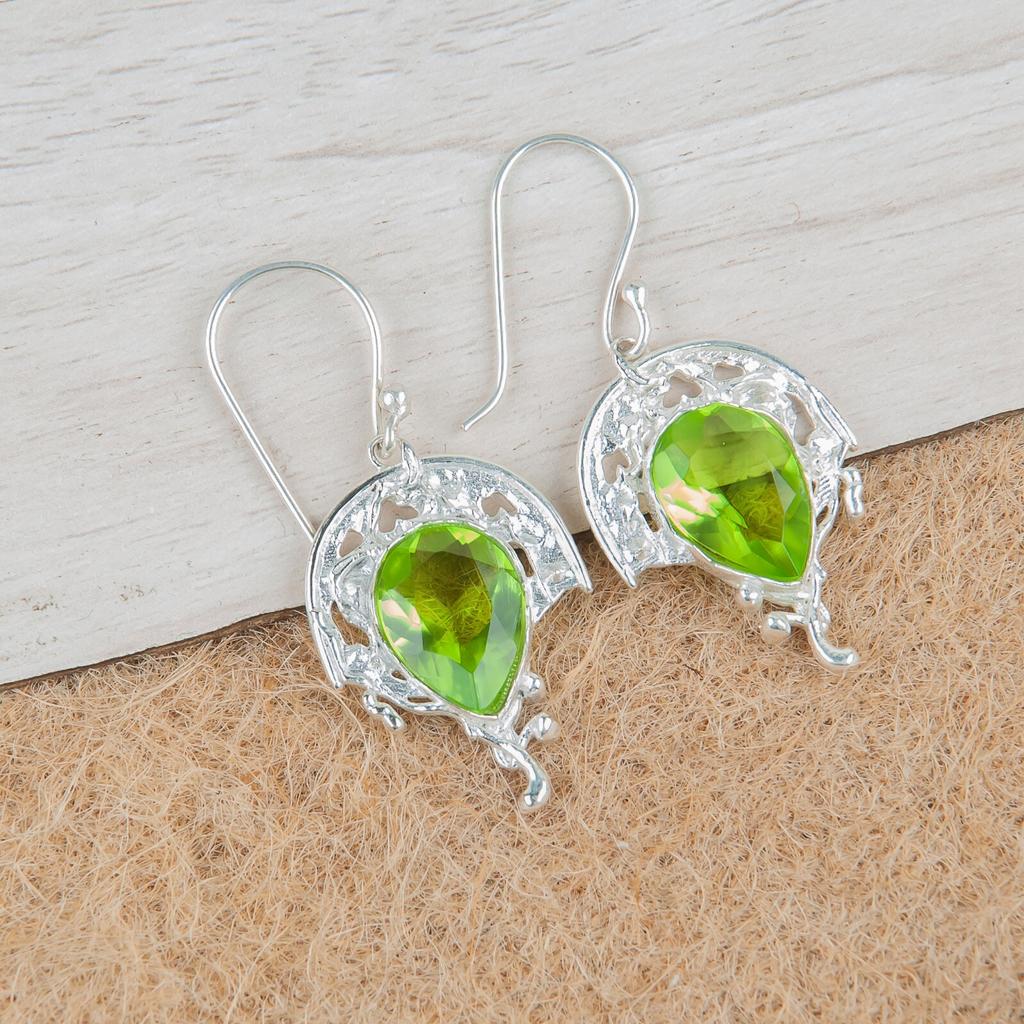 Grüner Peridot Edelstein 925 Sterlingsilber Schmuck Handgefertigte Hängeohrringe 1.73" CE-5-3