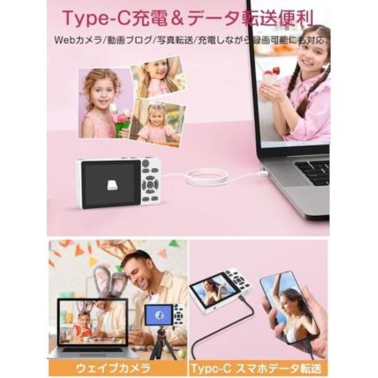 Selfie Function QZTCAMERA Digital Camera 4K 64 Megapixels 64g Card Included Front Type-C Cable Smartphone Connection Time-Lapse Recording 2.8-Inch 18x