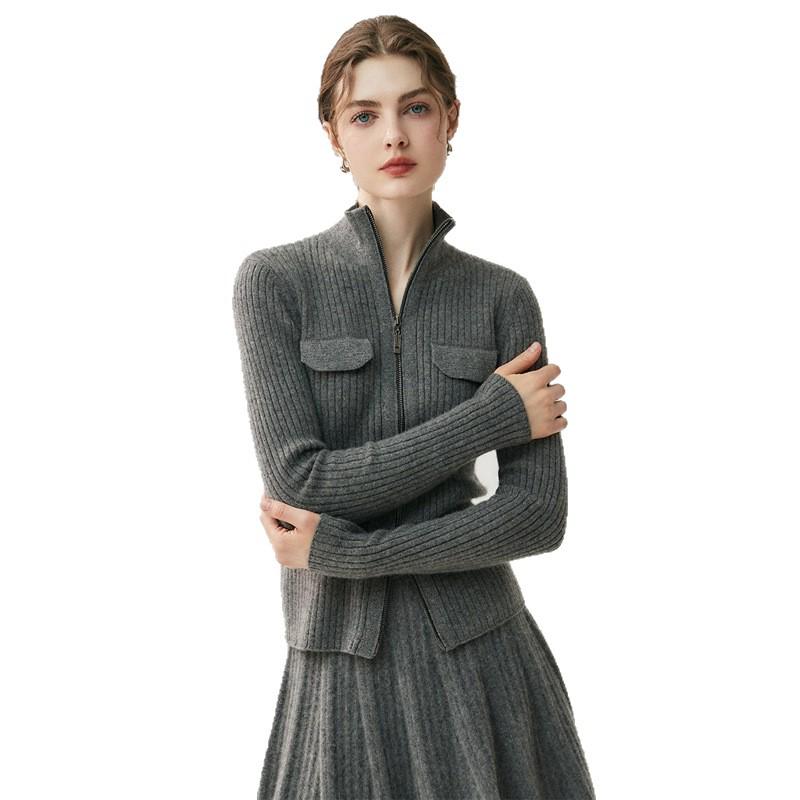 Women's Slim Fit Cashmere Cardigan with Double Zipper - Warm Lapel Knitwear for Autumn/Winter.