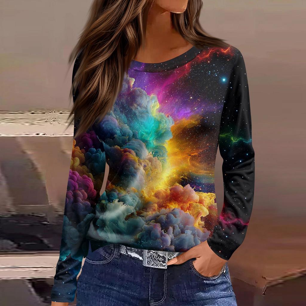 Women's Fashion Casual Slit Hem Round Neck Long Sleeve Loose Printed T-Shirt Ladies Top