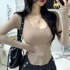 Korean Spring/Summer Slim Fit Sexy U-Neck Sheer Long Sleeve Curved Hem T-Shirt for Women