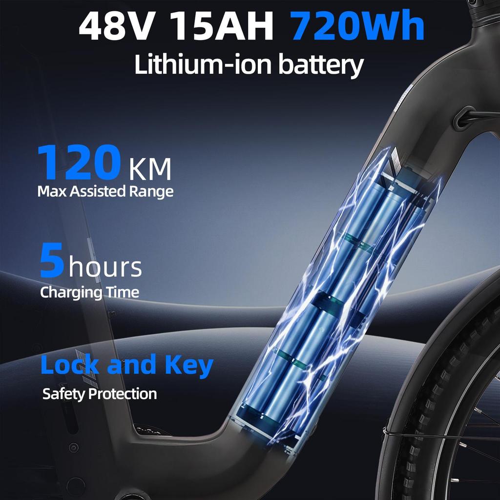 Bicicletă Electrică TTGO E-SUVO Motor 250W Baterie 48V15Ah Autonomie Maximă 120km Anvelope 27.5“ × 2.4” Cadru Suspensie Completă Frâne cu Disc Hidraulice Shimano 7 viteze