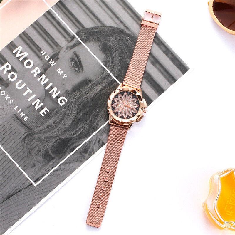 Gold Rose Crystal Flower Women Watches Ladies Quartz Alloy Mesh Watch New