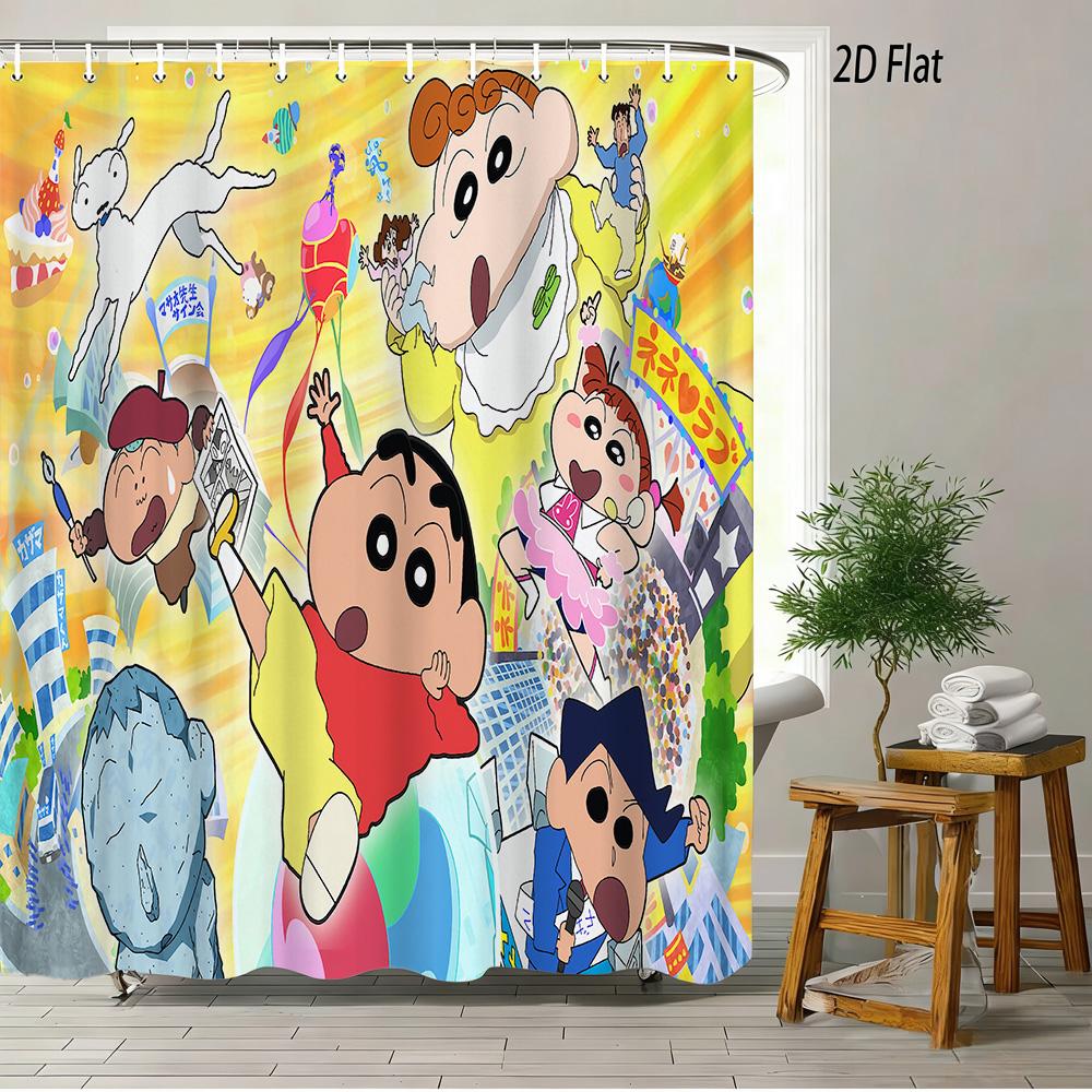 Crayon Shin-Chan The Movie Super Power Battle 2D Print Waterproof Shower Curtain, Yellow Bathroom Decor With Hooks