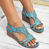 Zářivé pohodlí | Dámské klínkové sandály s kamínky v bohémském stylu, platformový podpatek s otevřenou špičkou a elastickým páskem, plážové sandály
