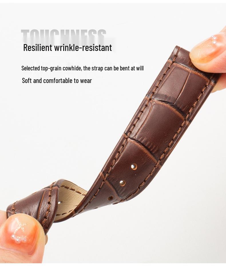 Bamboo Pattern Genuine Leather Watch Strap with Soft Cowhide and Butterfly Buckle for Men and Women