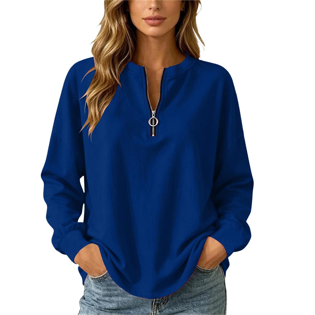 Women's Casual Loose Fit V-Neck Zip Up Long Sleeve Sweatshirt