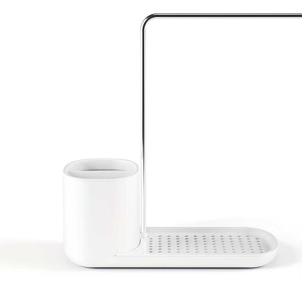 1pc 2-in-1 Compact Kitchen Organizer with Manual Soap Dispenser and Stainless Steel Cloth Holder - Sleek White Countertop Storage Solution