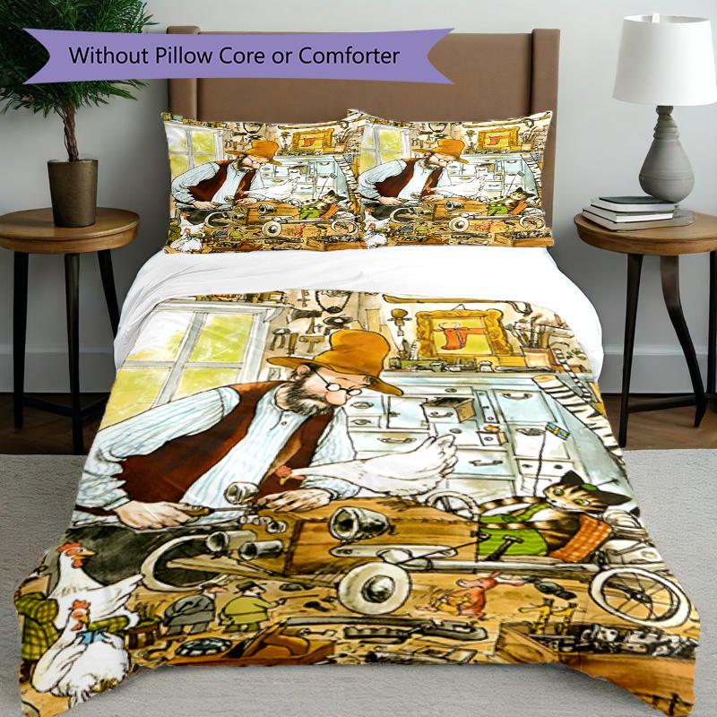 3pcs Duvet Cover Set (1*Duvet Cover + 2*Pillowcase, Without Core), Pettersson und Findus Print Bedding Set, Bedroom Decor, All‑Season, Birthday Gift