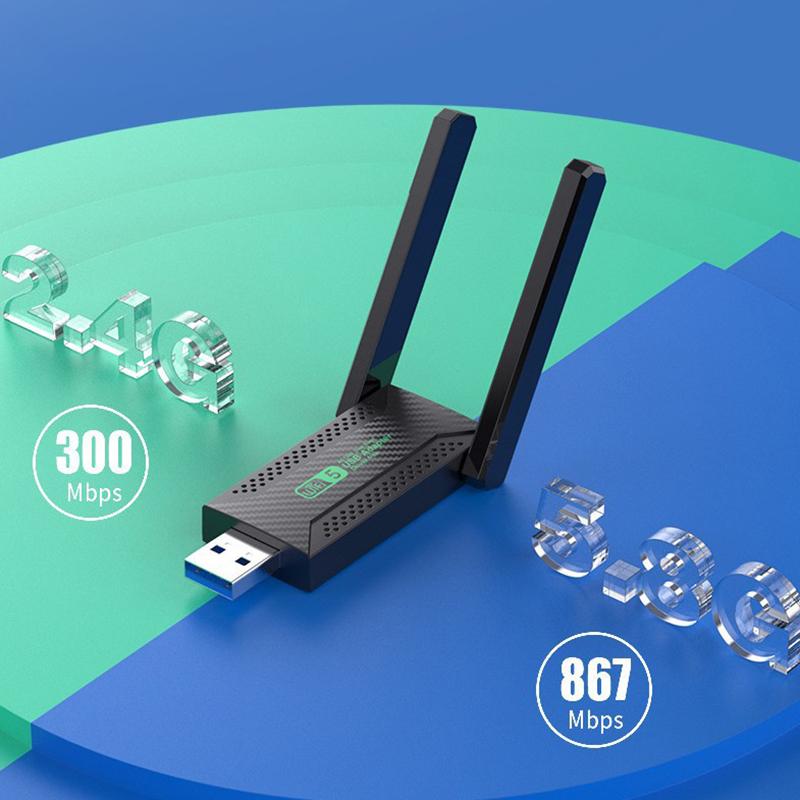 USB Wirless Network Card 2.4G 5G Dual Band 1200M Drive Free Ethernet Adapter Wifi Receiver Antenna for Desktop Computer Laptop