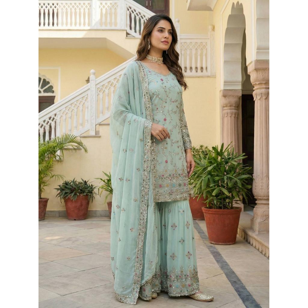 Magnifique costume Pakistanais Sharara en Georgette Synthétique Design Bollywood Salwar Kameez