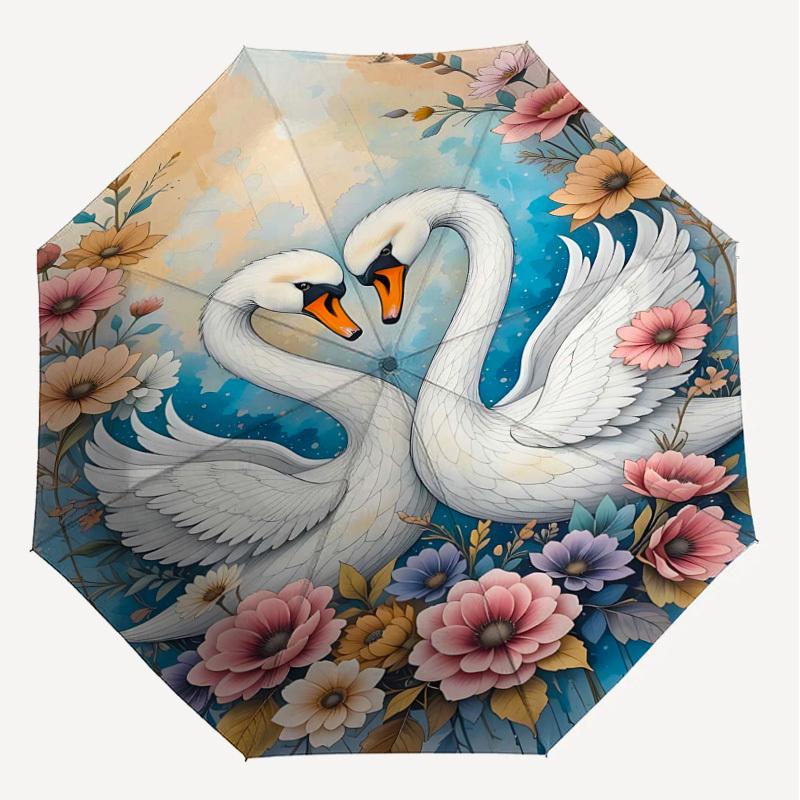 1pc Swans Flowers Automatic Open/Close Umbrella Compact Folding Umbrella with 8-Rib Shaft for Women/Men, Elegant Birthday1134S