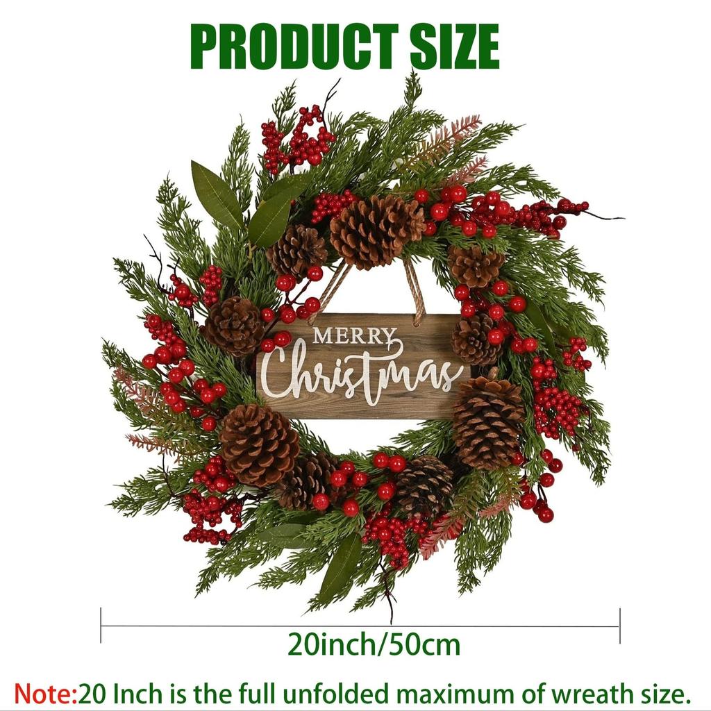 high quality20-Inch Classic Christmas Wreath with Artificial Pinecones & Berries - "Merry Christmas" Festive Door Decor for Indoor/Outdoor Holiday