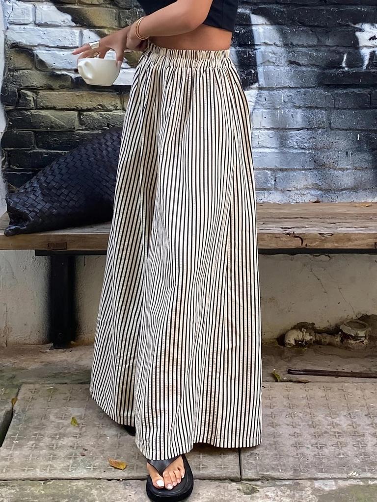 Plus Size Europe and The United States Cross-border Spring and Summer Striped Pocket Elasticated Waist Wide-leg