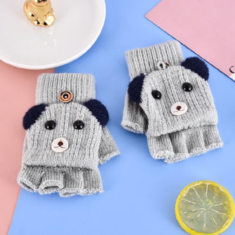 Winter Warm Gloves Cartoon Dog Glove with Flip Top Knitted Half Finger Gloves