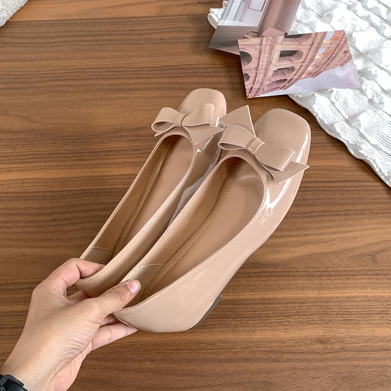 Women's Height-Enhancing Low-Cut French Mary Jane Flats, Versatile Square-Toe Bow Shoes for Dresses