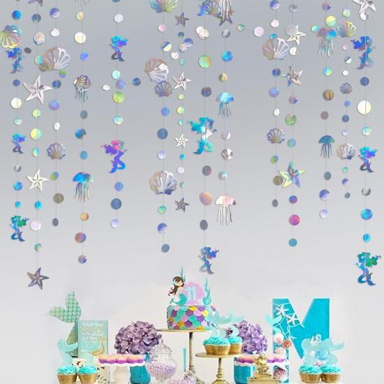 40 Ft Iridescent Mermaid Garland with Jellyfish Seashell Starfish Pearl Holographic Paper Streamer for Little Mermaid Rainbow Theme Birthday