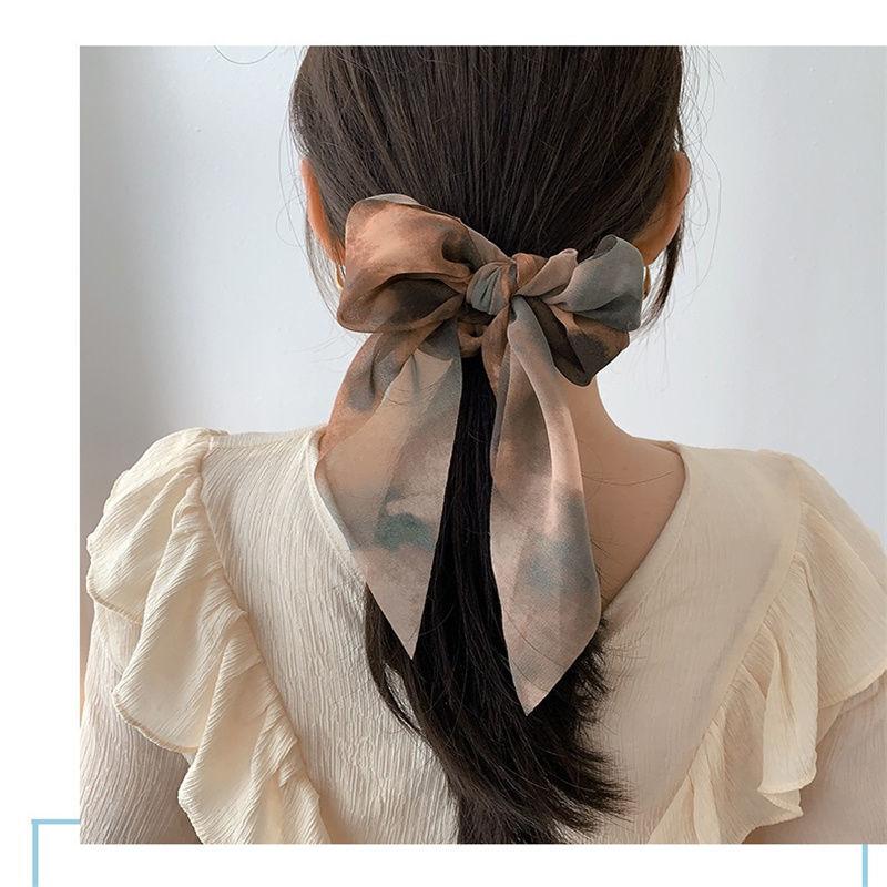 New Chiffon Tie Dye Print Long Hair Ribbon Scrunchies Elastic Hair Bands Women Girls Bow Ponytail Holder Hair Ties Accessories