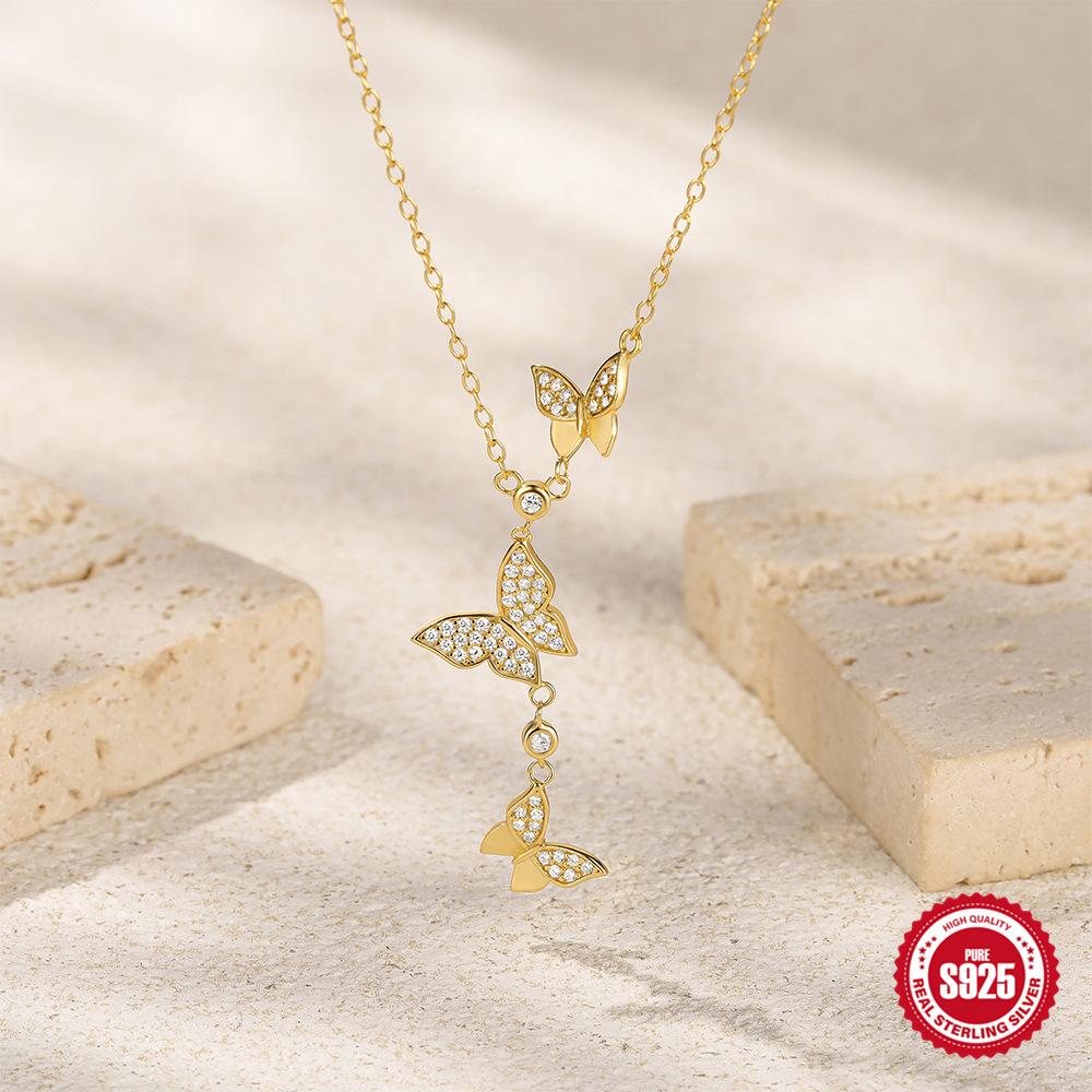 Modischer Stil S925 Sterlingsilber Super Feenhaftes Temperament Größe Schmetterling Diamant Damen Schlüsselbein Mit Halskette