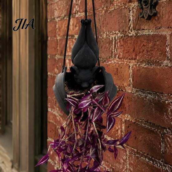 Dark Aesthetic Home Decor Hanging Bat Plant Pot, Creative Gothic Planter, Halloween Artistic Three Dimensional Carving Planter Decorative Container