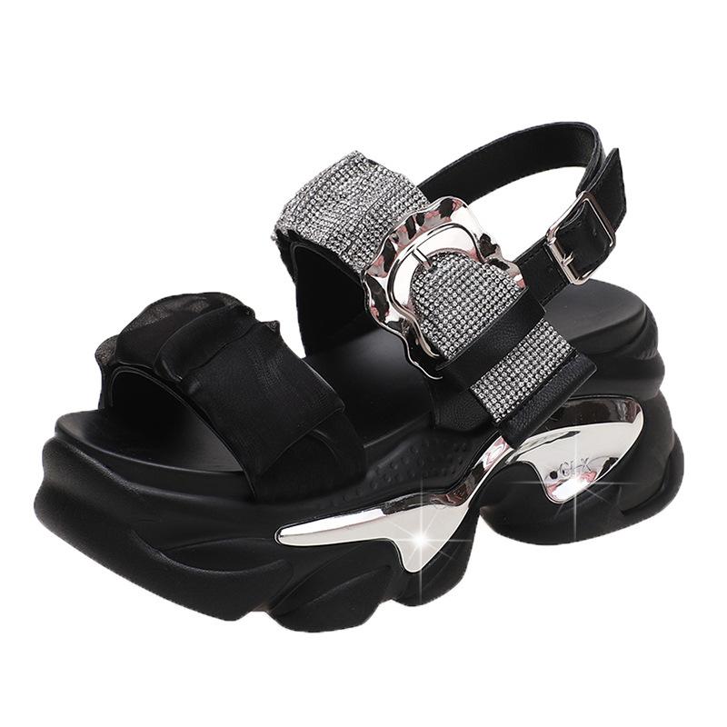 Fashion European Rhinestone Buckle Thick Bottom Higher Slope Heel Sponge Cake Casual Women's Summer New High Heel Sandals Slippers