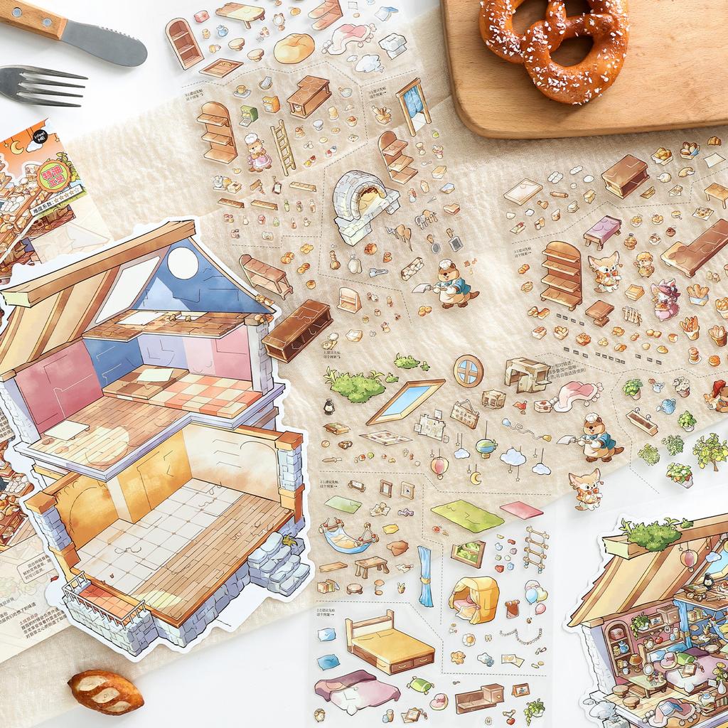 Kawaii 3D Bakery Landscape Sticker DIY Pocket Cabin Scene Festival Gift