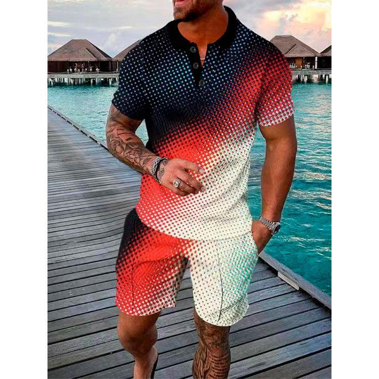 New Men'S Summer Fashion Casual Polo Shirt Collar Casual Set Collar Shorts Set Sports Men'S Solid Color T-Shirt Shorts Running Training Set