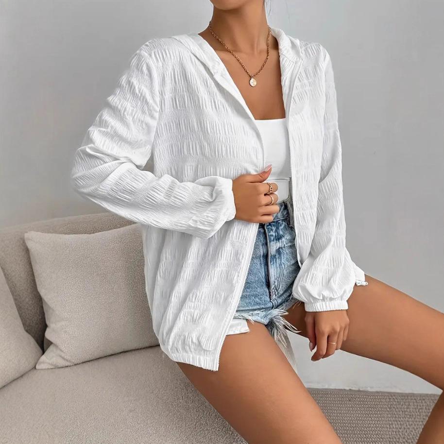 2025 Women's Solid Color Hooded Jacket – Casual Long Sleeve Zipper with Sun Protection