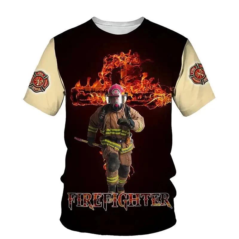 Summer Round Neck 3D Firefighter Print Top Fashionable Casual Short Sleeved Men's T-shirts