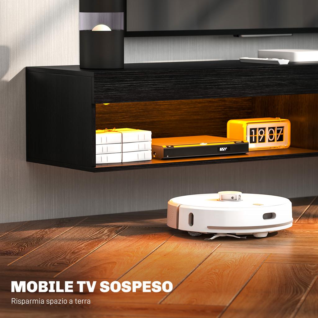 Wall-Mounted TV Cabinet up to 75" with 16-Colour LED Lights and Remote Control, 180x40x30cm, Black