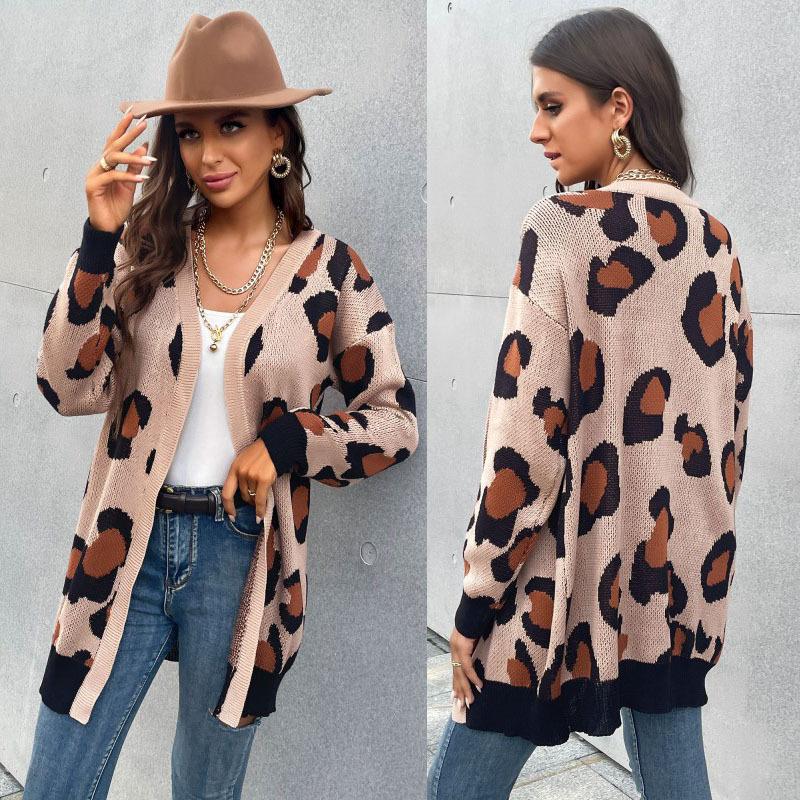 Casual Trend Versatile Autumn Women's Long Leopard Print Cardigan Knitted Sweater Jacket Women