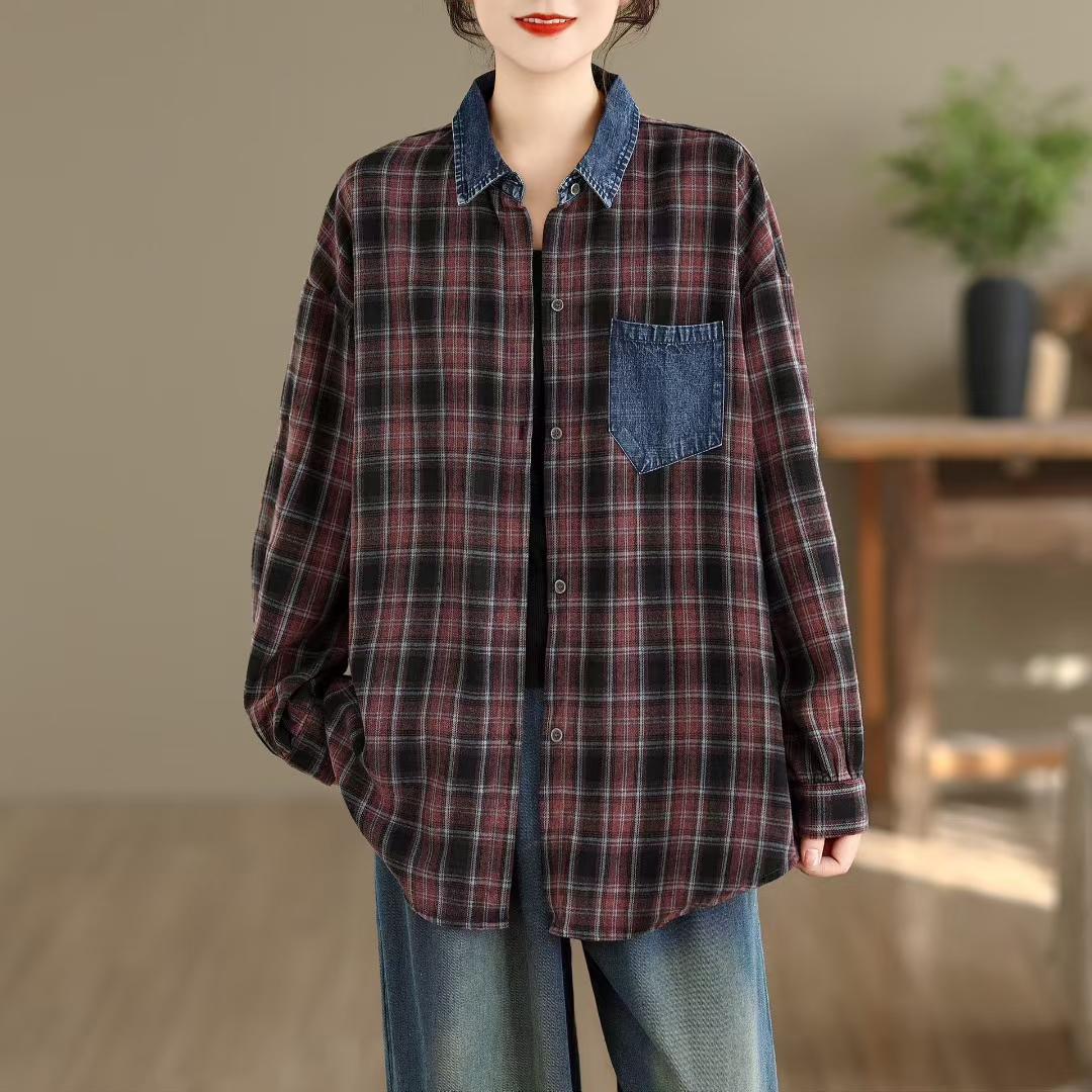 

DIMANAF Новая 2025 Женская Блузка Джинсовая Клетчатая Вставная Полный Рукав Осень Базовое Пальто Новое One Size