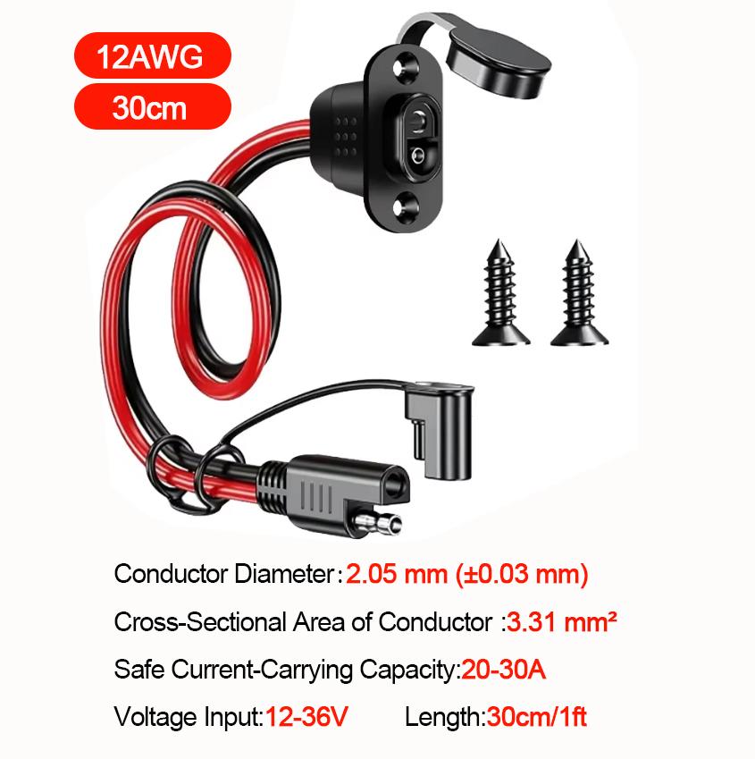 SAE Quick Connector Harness, SAE Adapter, Male Plug To Female Socket, SAE Extension Cable 1FT 12AWG
