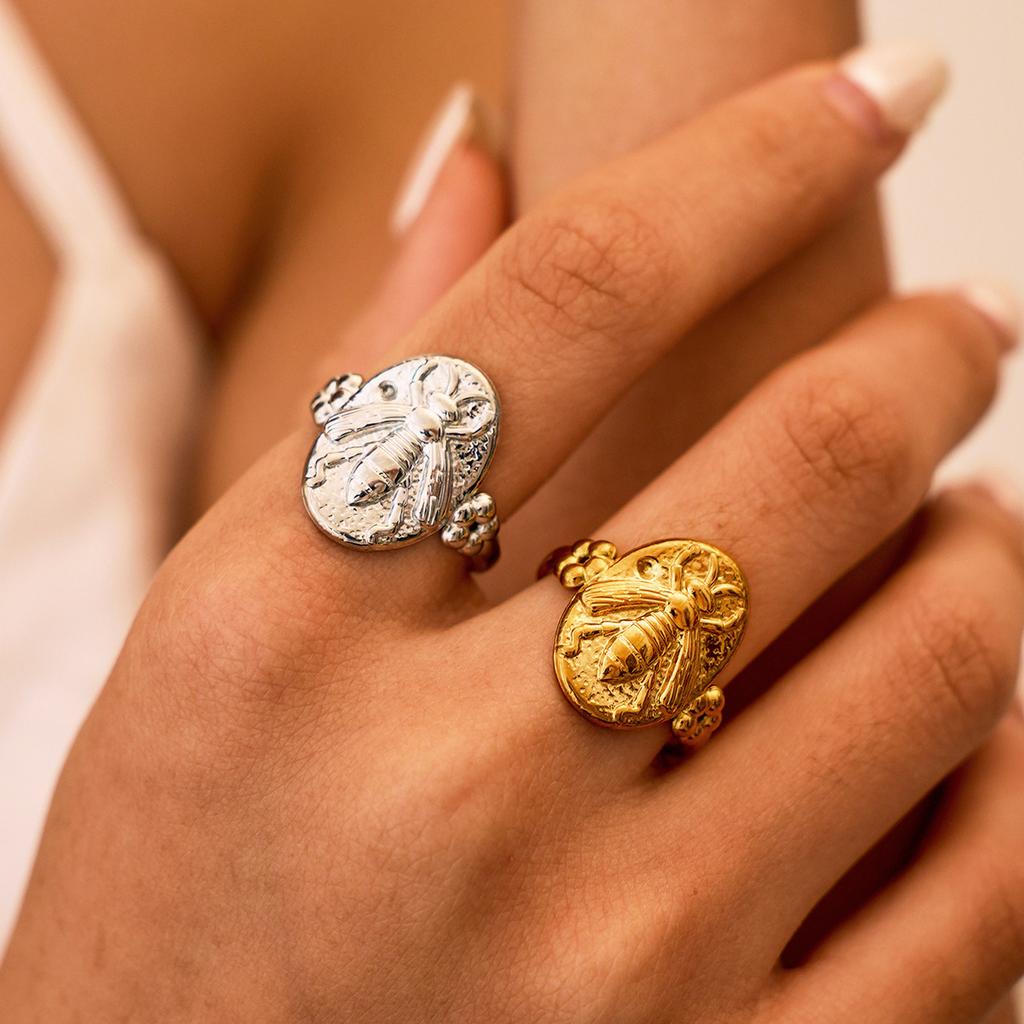 Stainless Steel Animal Ring for Neutral Oval Bee Open Ring Elegant Luxurious Waterproof Aesthetic Hand Jewelry Party Accessories