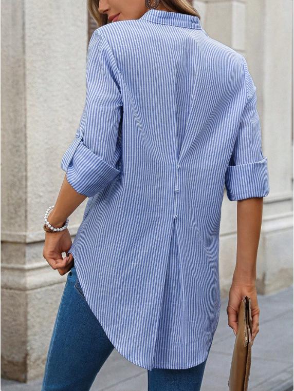 In Stock 2025 V-neck Casual Striped Long-Sleeved Shirt for Spring and Autumn in Europe and America Style