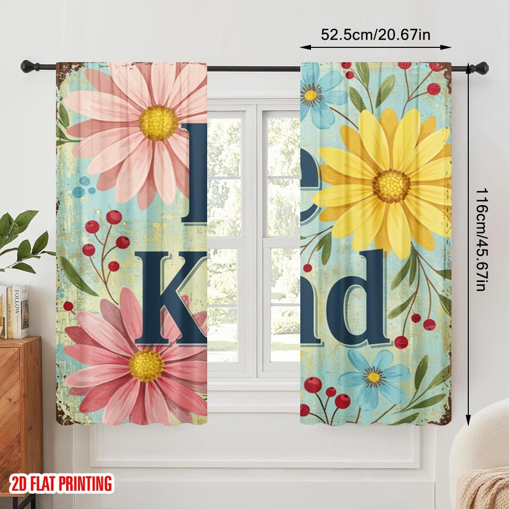 2pcs 2D Flat Printing Window Curtains Daisy Floral Be Kind Metal Sign Fabric Without Electricity Festive Wall Decor Perfect for