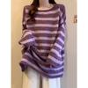 Korean Style Loose Lazy Purple Striped Sweater Fashionable Mid-length Casual Sweater